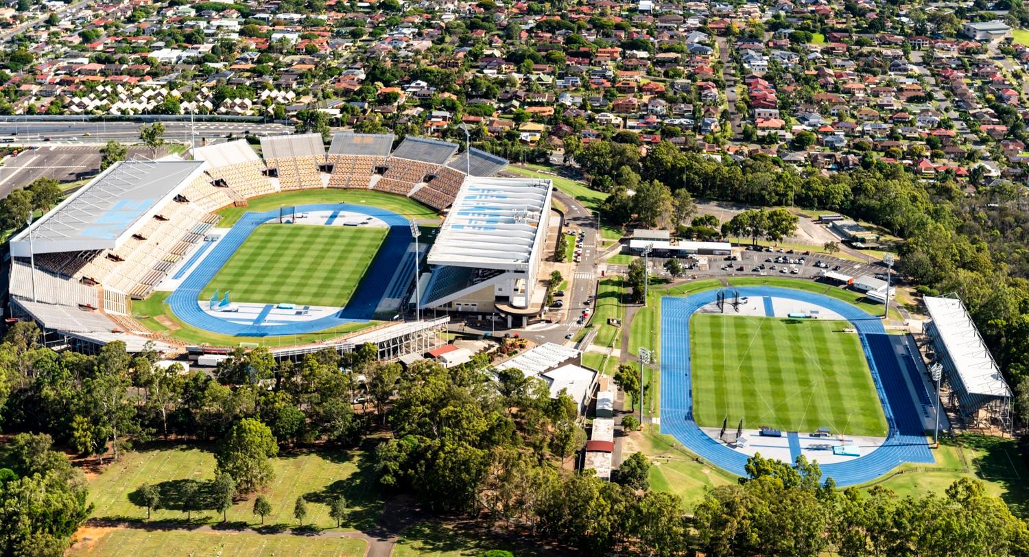 Aerial view of Queensland Sport and Athletics Stadium in surrounding suburb