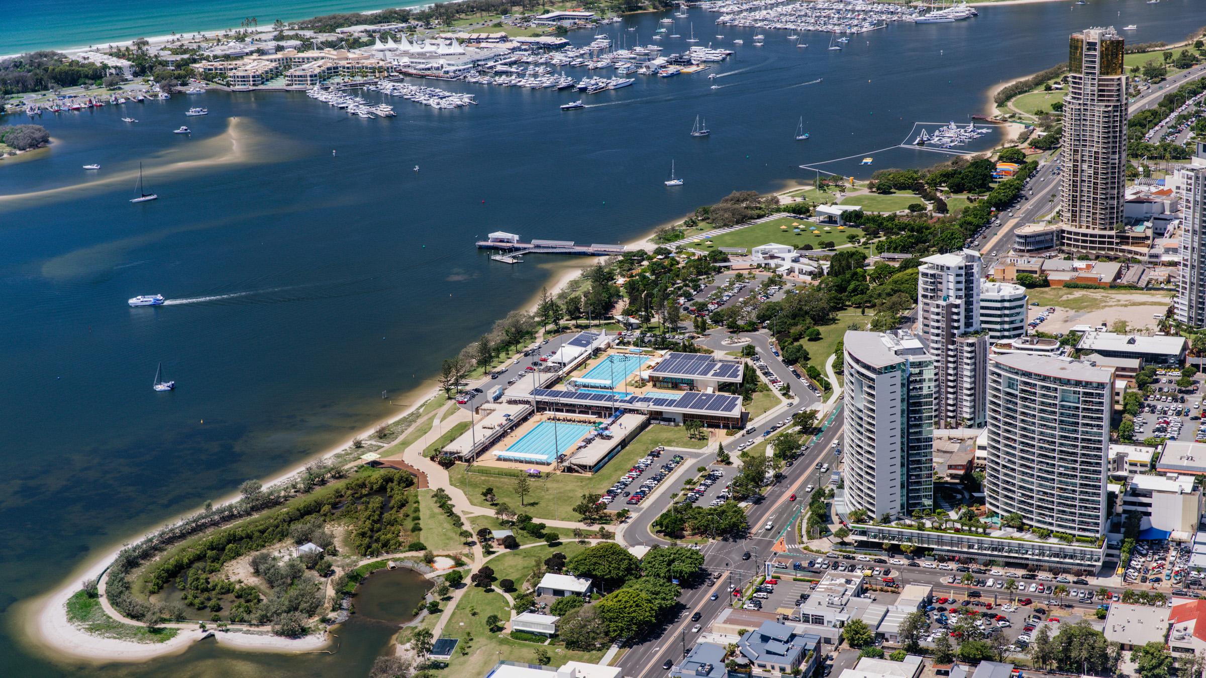 Aerial view of Broadwater Parklands pools and facilities