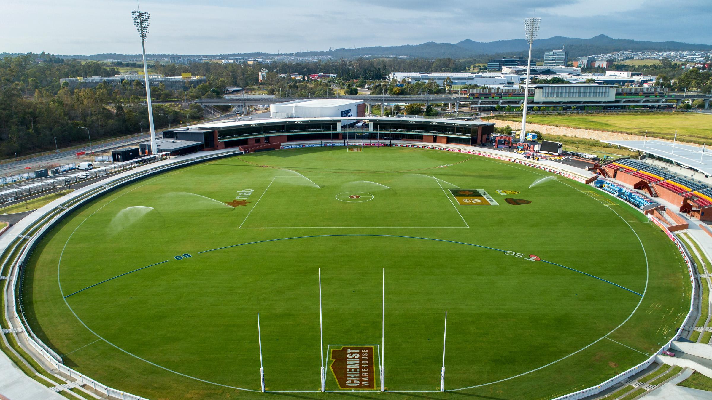 Aerial view of the Ipswich Stadium grounds with sprinklers watering the field