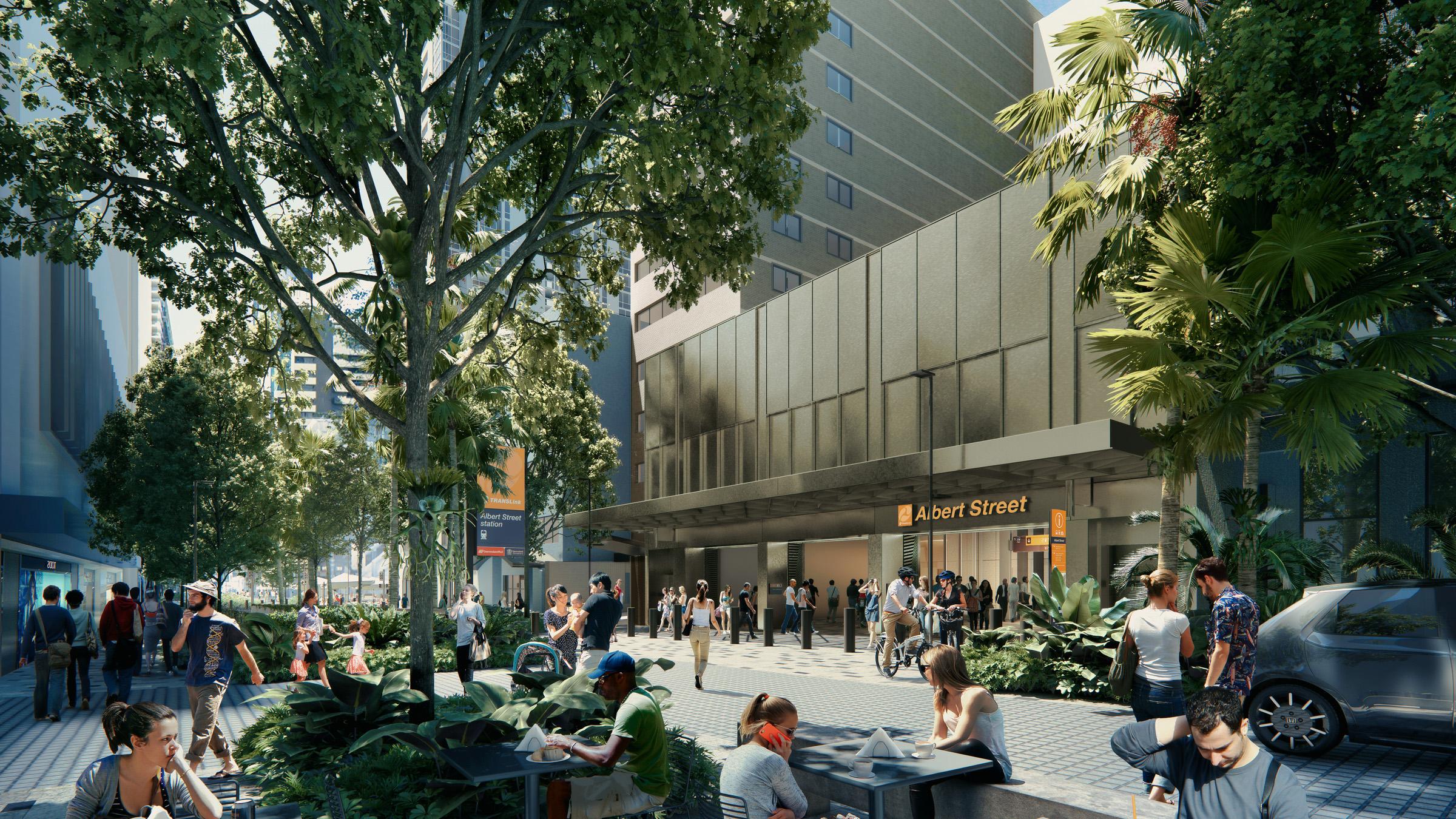 Computer-rendered view of Albert Street station, showing families and people enjoying the sunny weather outside