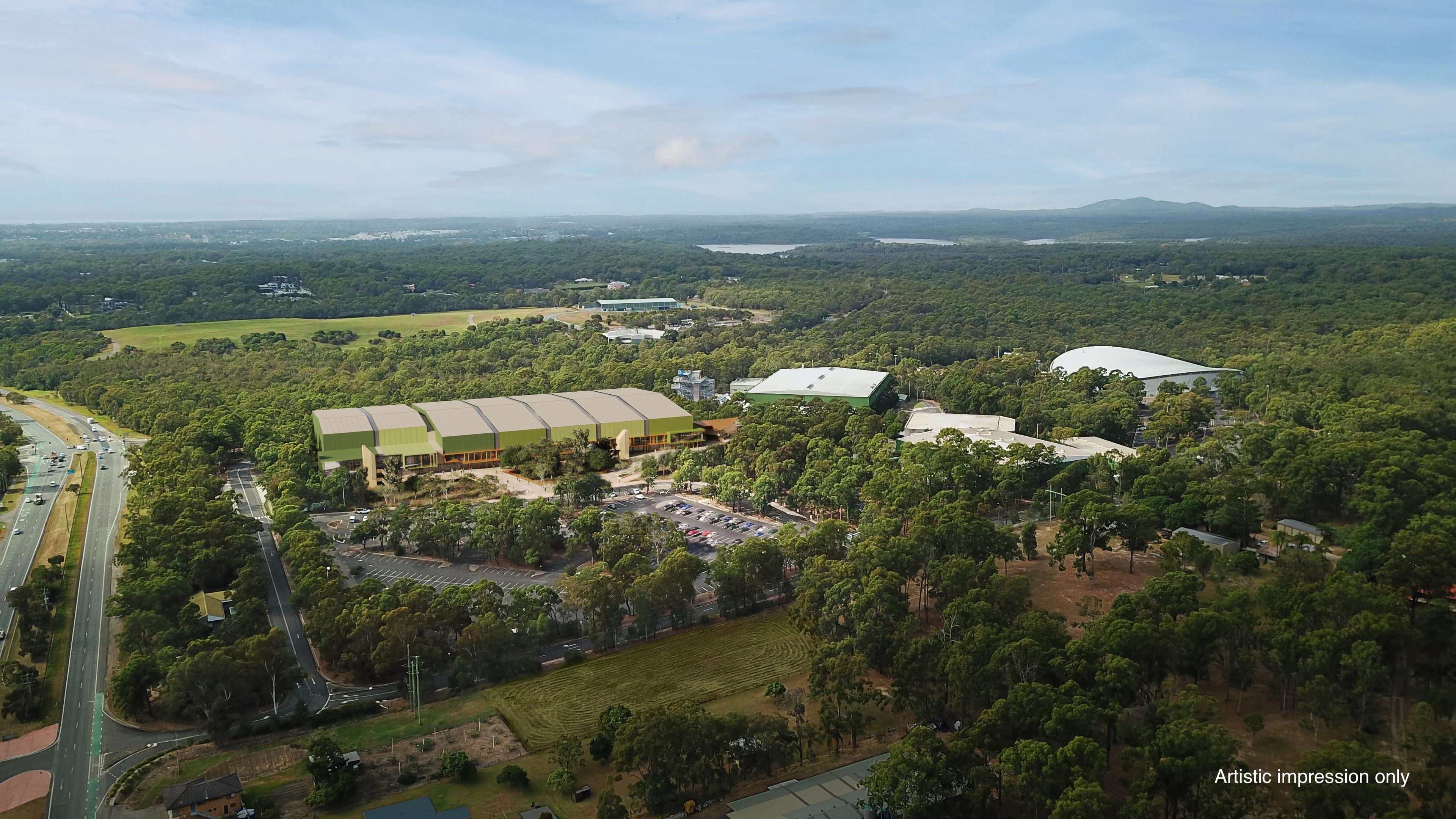 Aerial shot of Chandler Sports Precinct which includes a render of the new Indoor Sports Centre. Copy in the corner reads 'artistic impression'