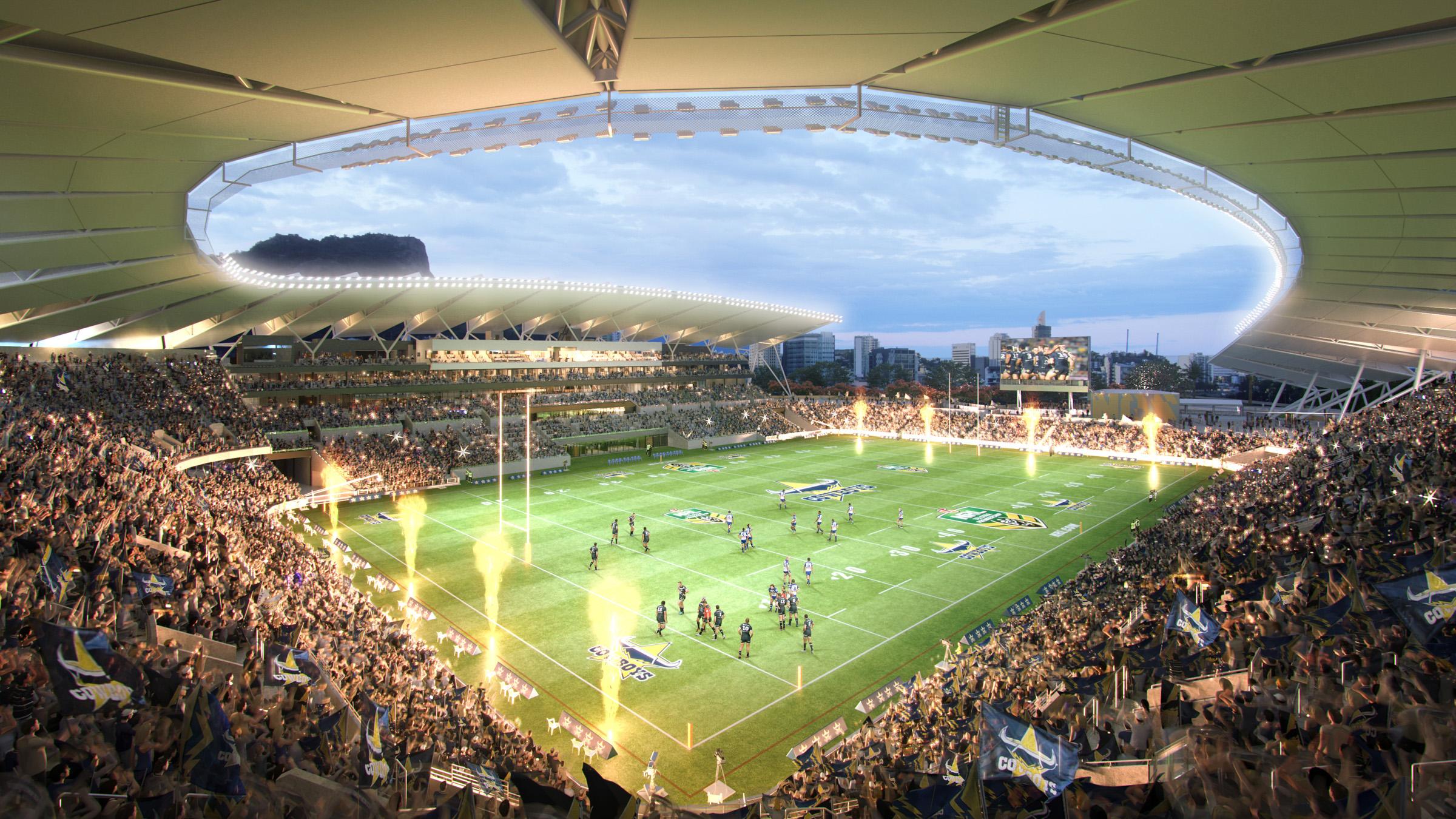 Computer-rendered inside view of Townsville Stadium filled with people watching an NRL game