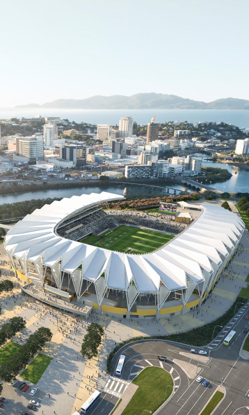 Computer-rendered aerial view of Townsville stadium, with river and ocean in background