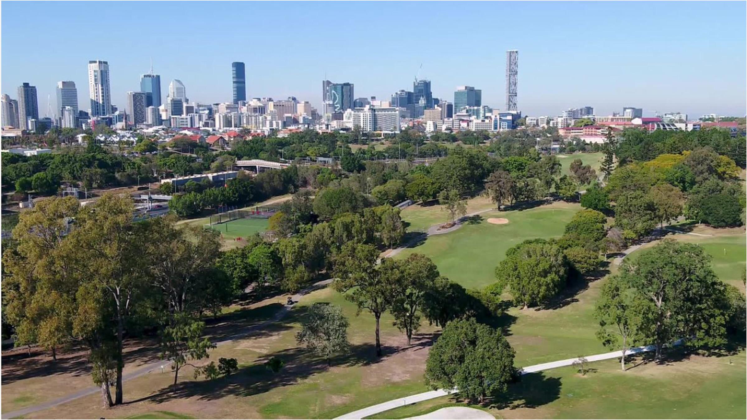 Aerial shot of Victoria Park with Brisbane city in the background