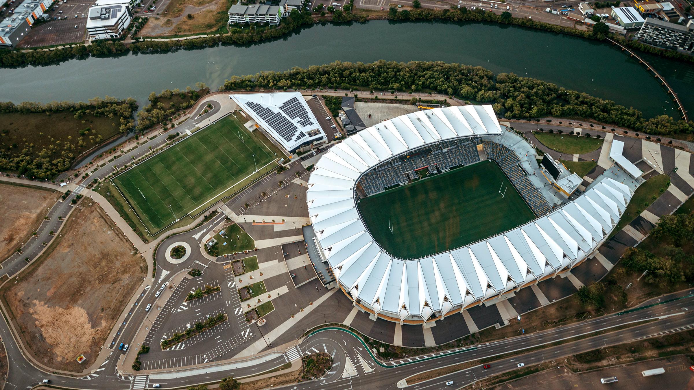 Aerial view of Townsville Stadium next to a river
