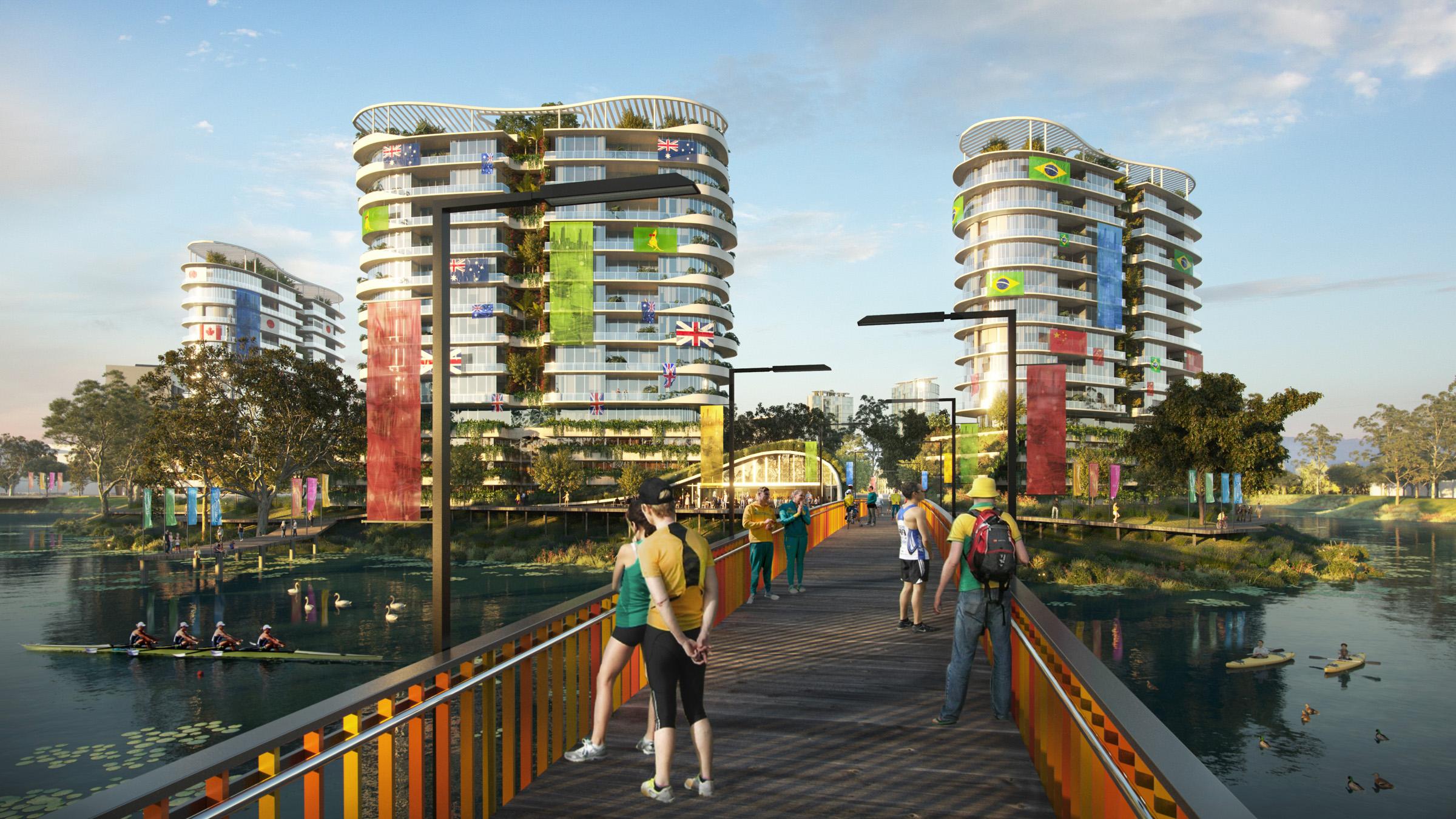 Computer-rendered image from the lake outside the Gold Coast Athletes Village, decorated in flags, with athletes walking and training in row boats