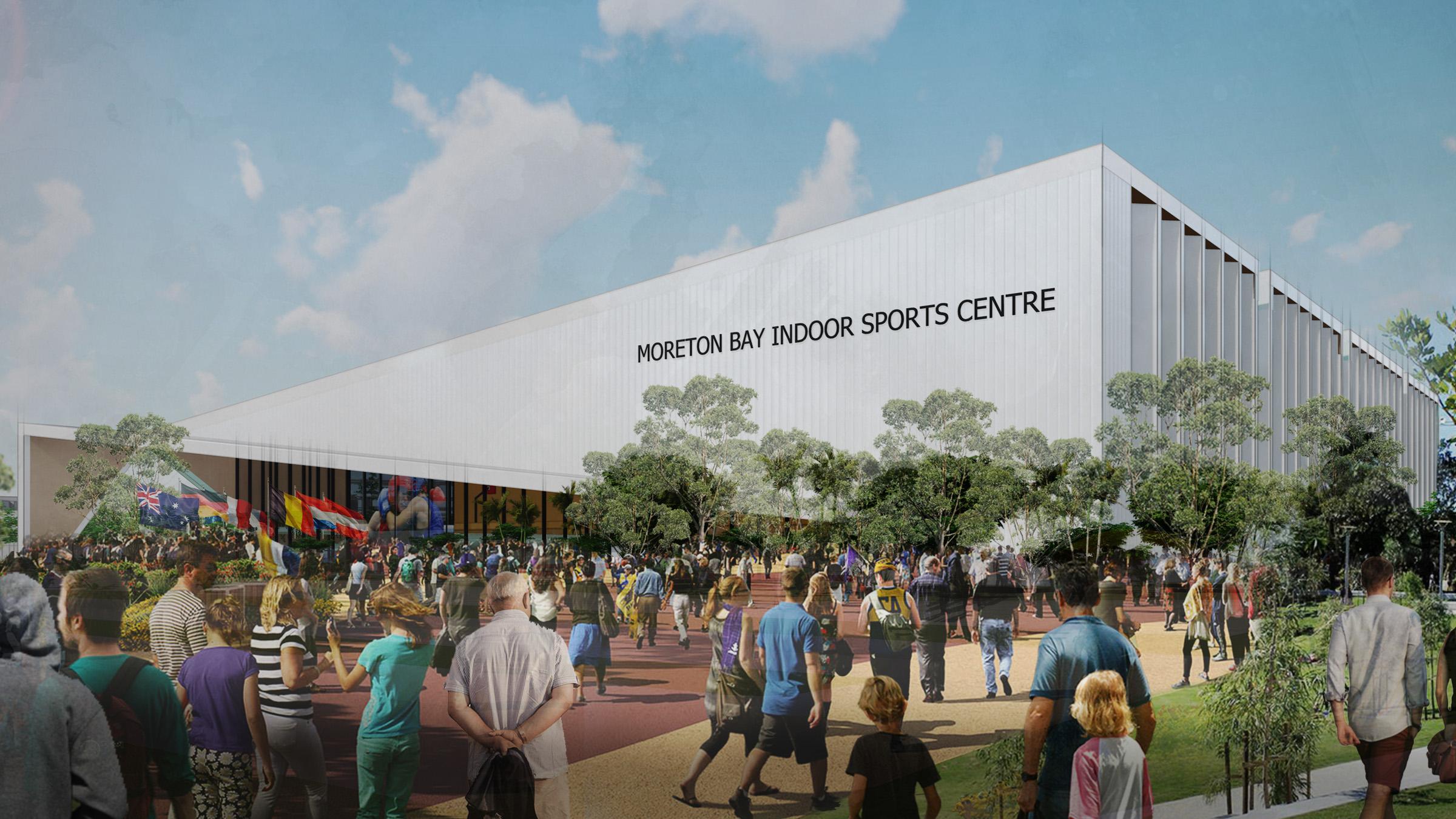 Computer-render of Moreton Bay Indoor sports centre, with crowds of people walking in