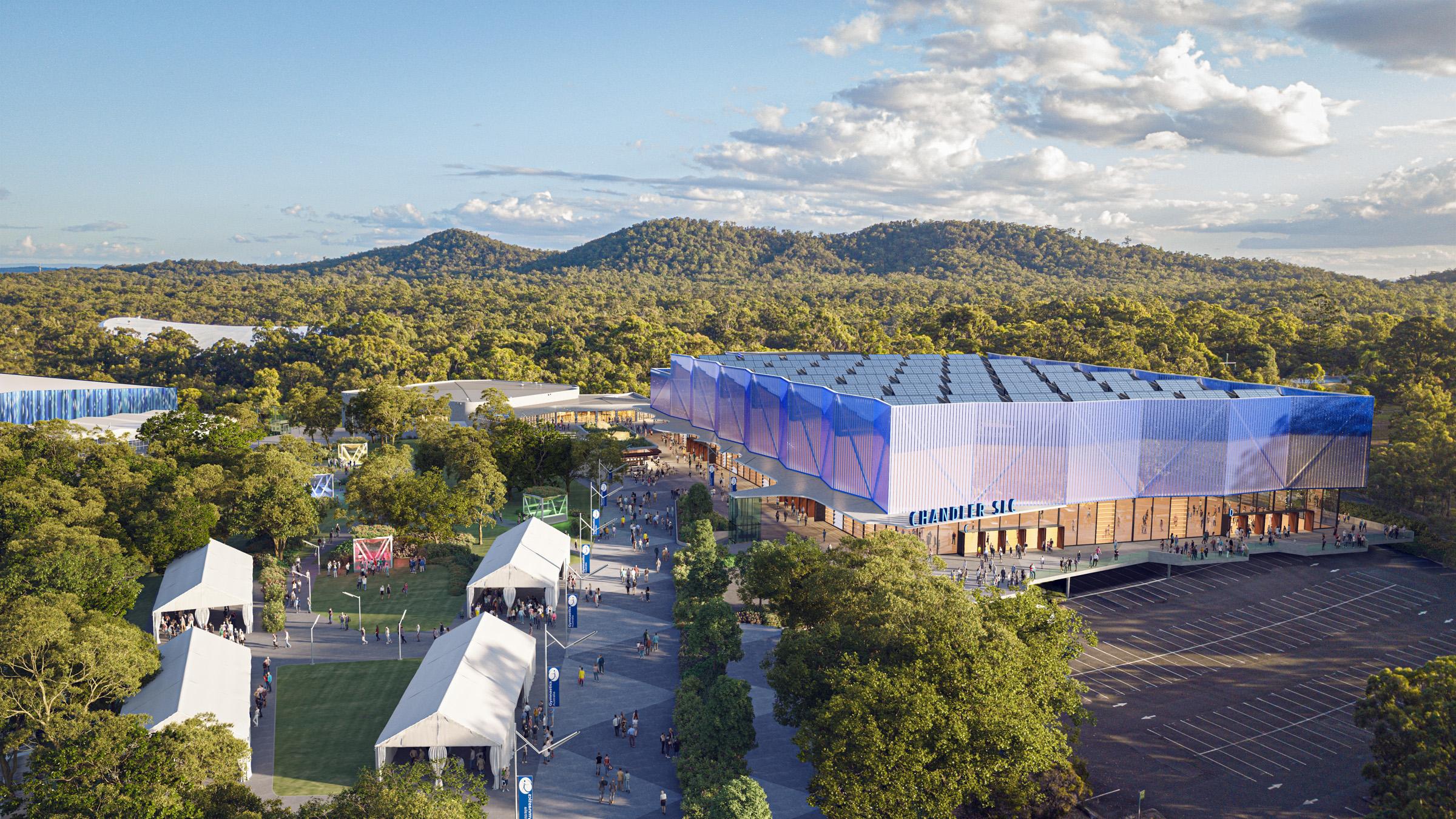 Computer-rendered aerial view of The Blight Rayner Sleeman Sports Centre