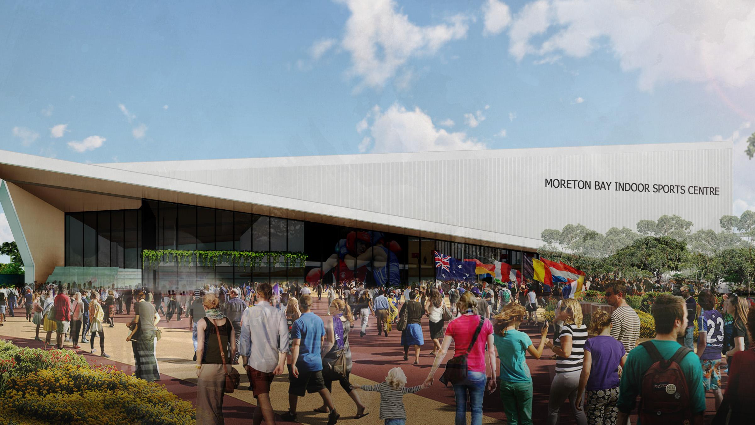Computer-render of Moreton Bay Indoor sports centre decorated with flags, and crowds of people walking in