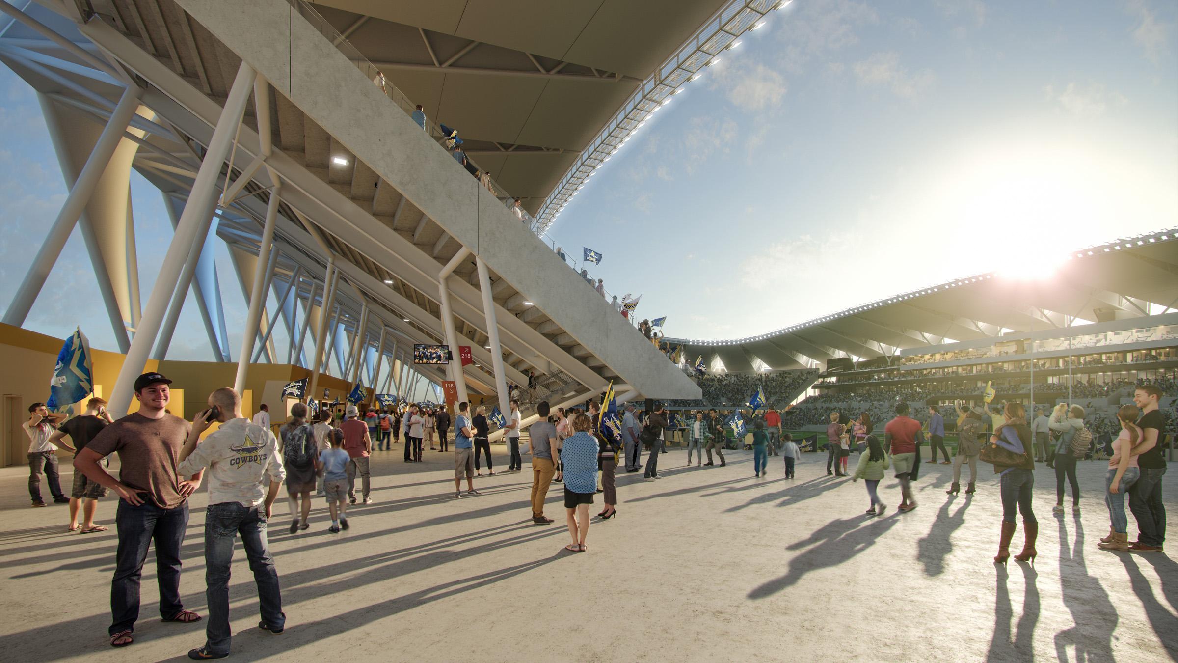 Computer-rendered ground view of Townsville Stadium, with people walking around the arena