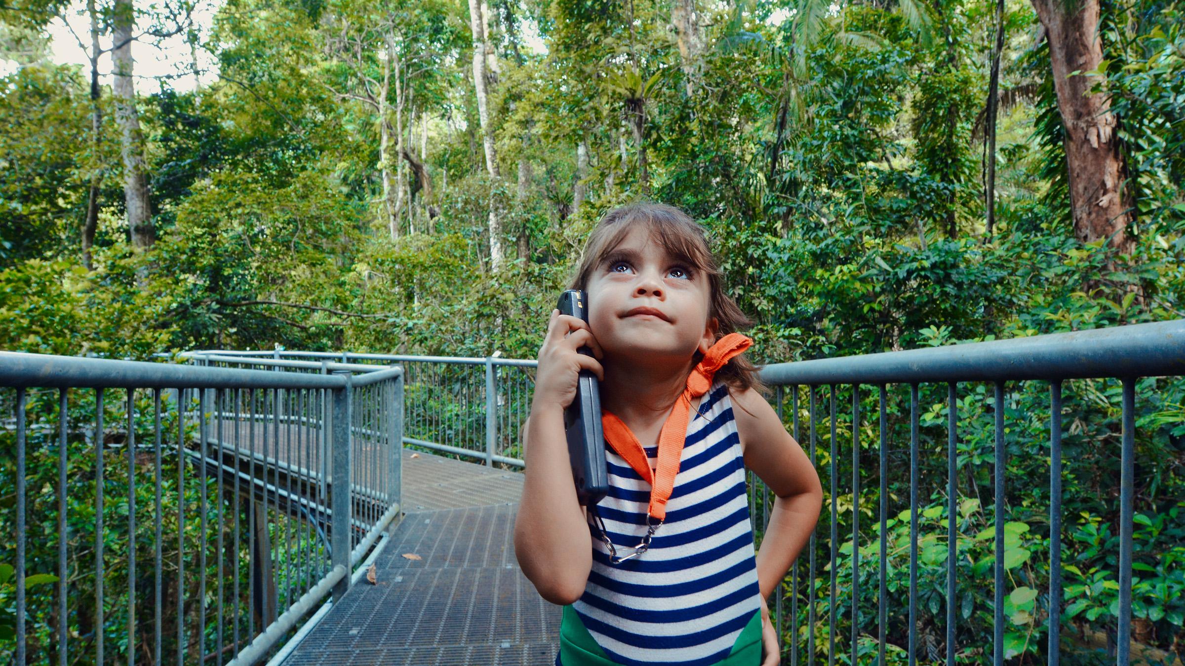 Child listening to information about the Daintree National Park in the tropical north of Queensland, surrounded by lush trees on a treetop walk