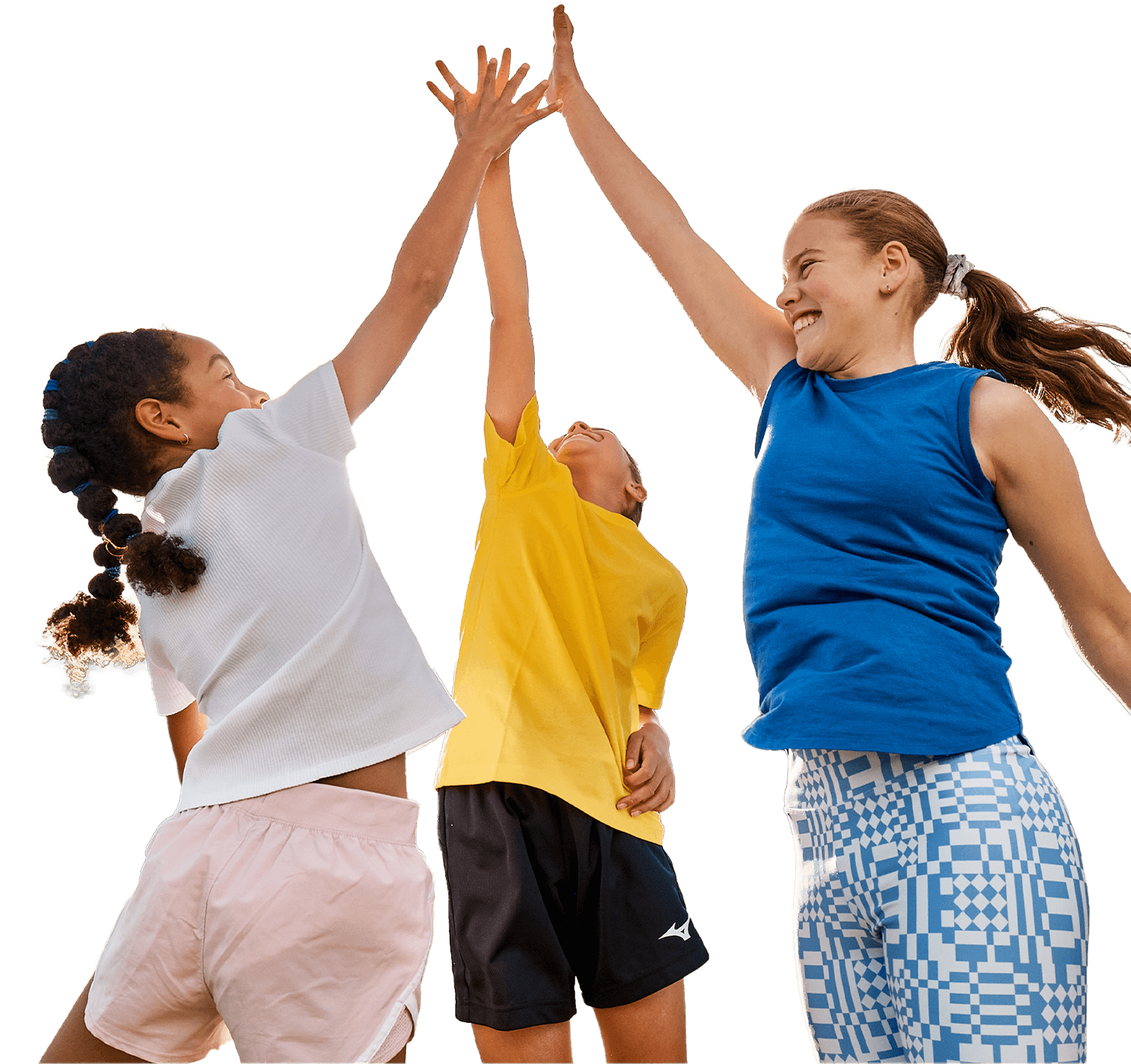 Enthusiastic group of children jump with their hands together