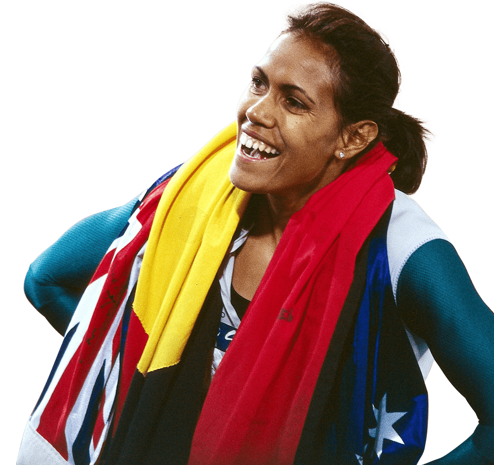 Sprinter Cathy Freeman with flags draped over her shoulders