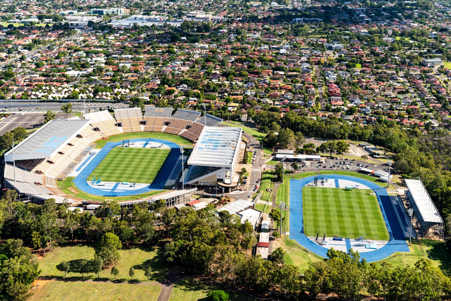 Aerial view of Queensland Sport and Athletics Centre in surrounding suburb