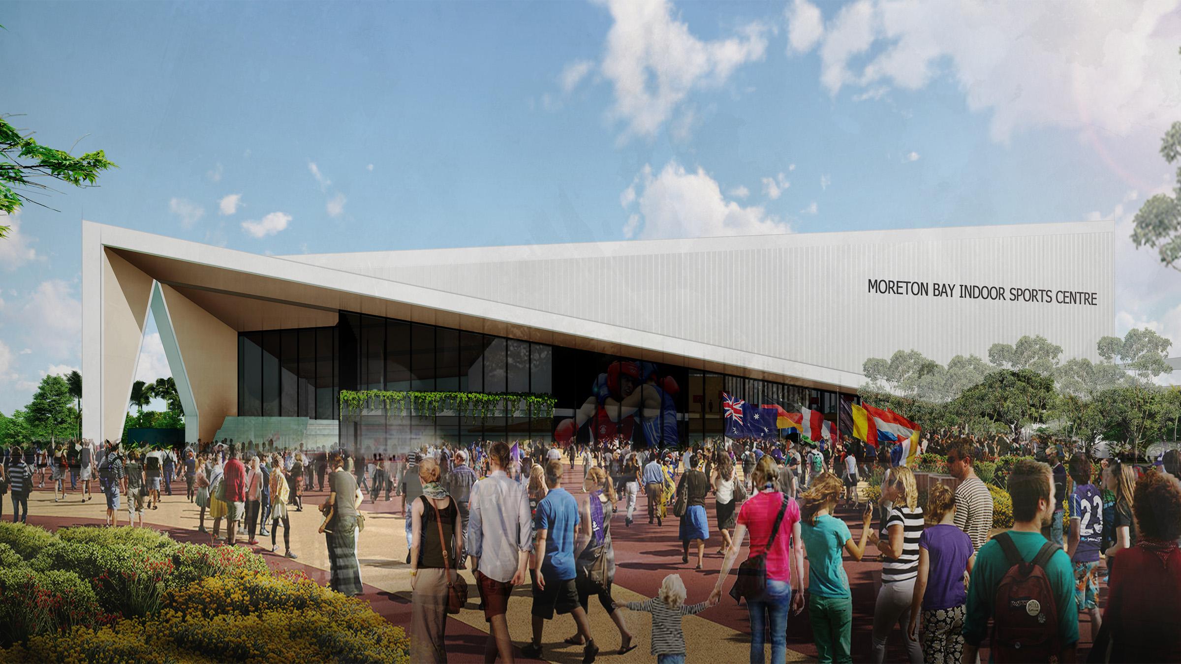 Computer-render of large crowds walking into the Moreton Bay Indoor sports centre