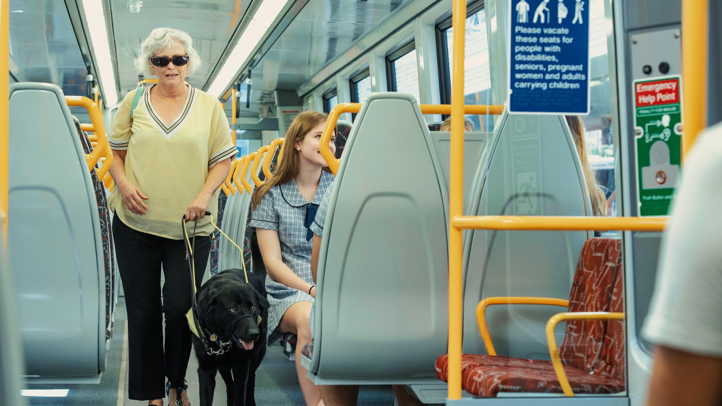 A person being led by a guide dog, walking through a train carriage