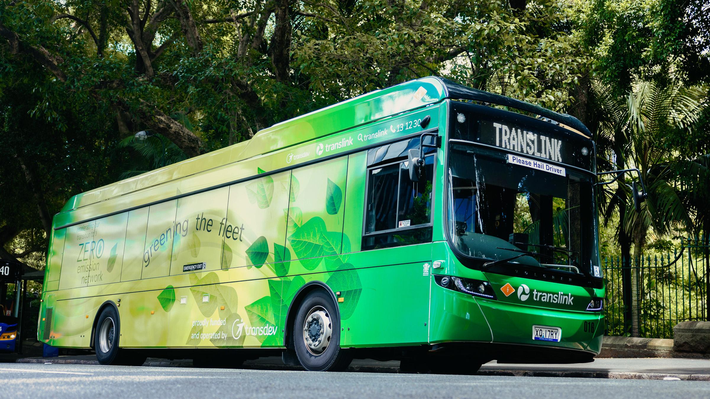 Zero Emissions electric Translink bus, with green leaves painted on the side